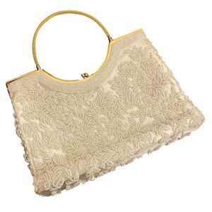 Vintage 50's LaRegale Ivory Satin Beaded Mother of Pearl Gold Top Handle Bag
